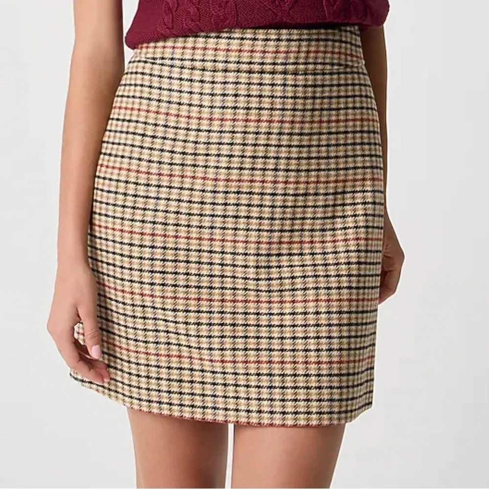 J. Crew Plaid Wool Blend A-Line Mini- Light Khaki Brick Red - Picture 2 of 6